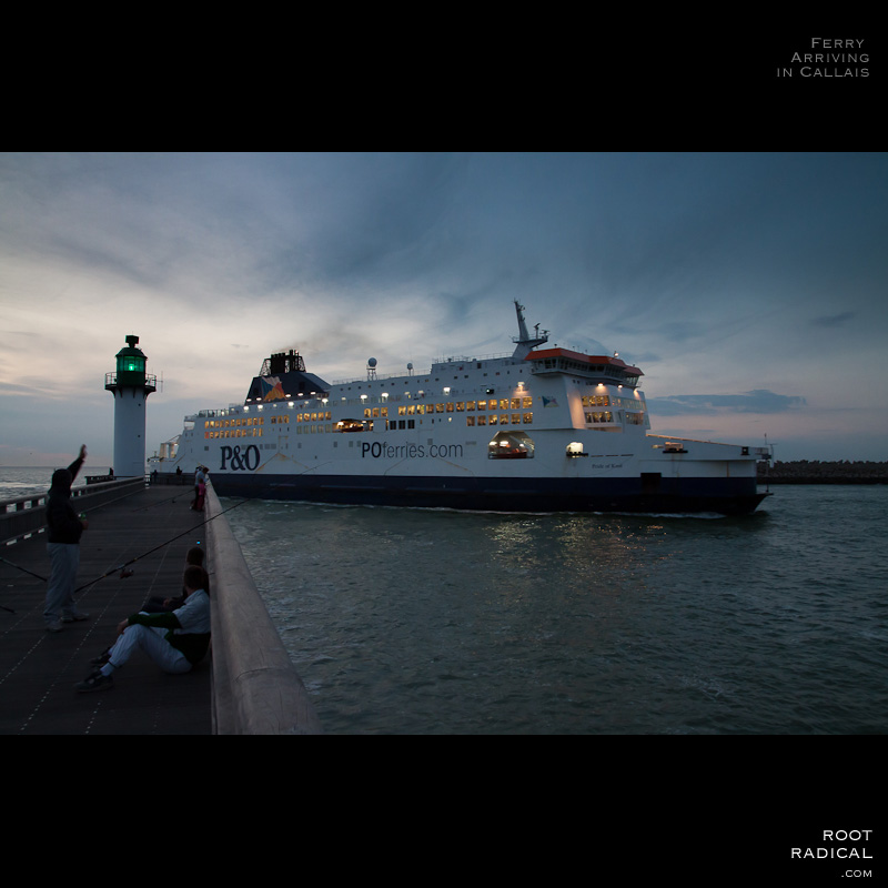 ferry-arriving-callais-evening A P&O ferry cruising the english channel and arrive in Calais habour.