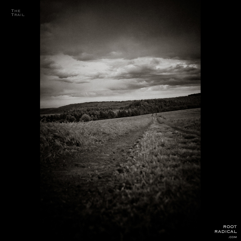 Black an white photo of trail through a rural landscape.